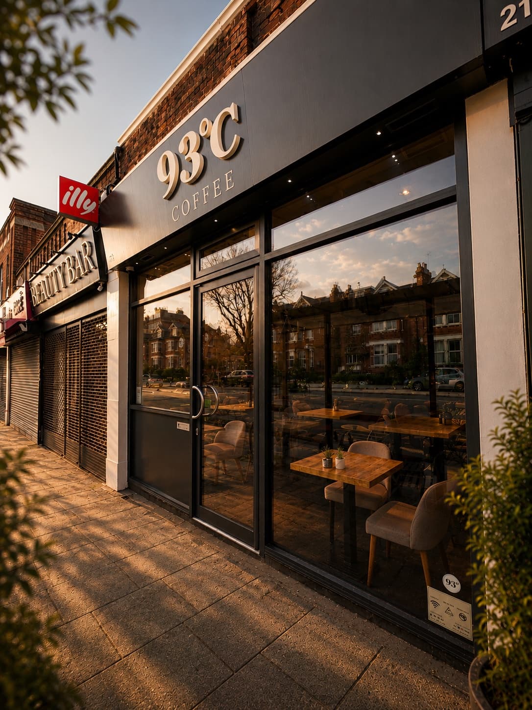 The shopfront of 93 Degrees at 213 Regents Park Road, late afternoon light.